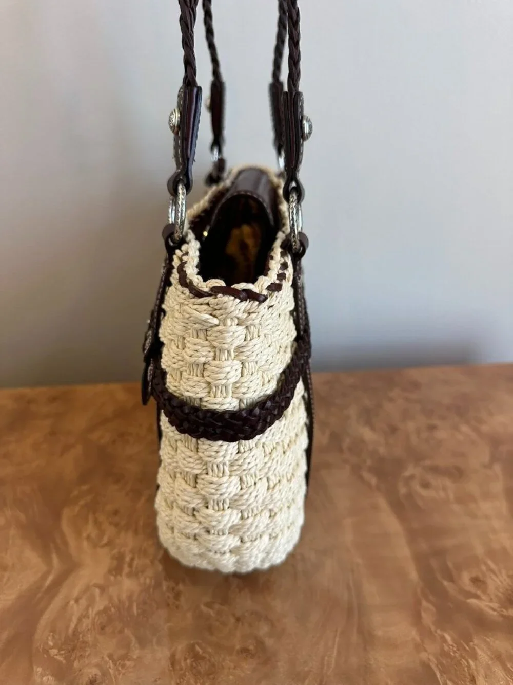 Brighton Peggy Straw Leather Tote Woven Basket Floral Trim Charm Bag - Picture 7 of 10